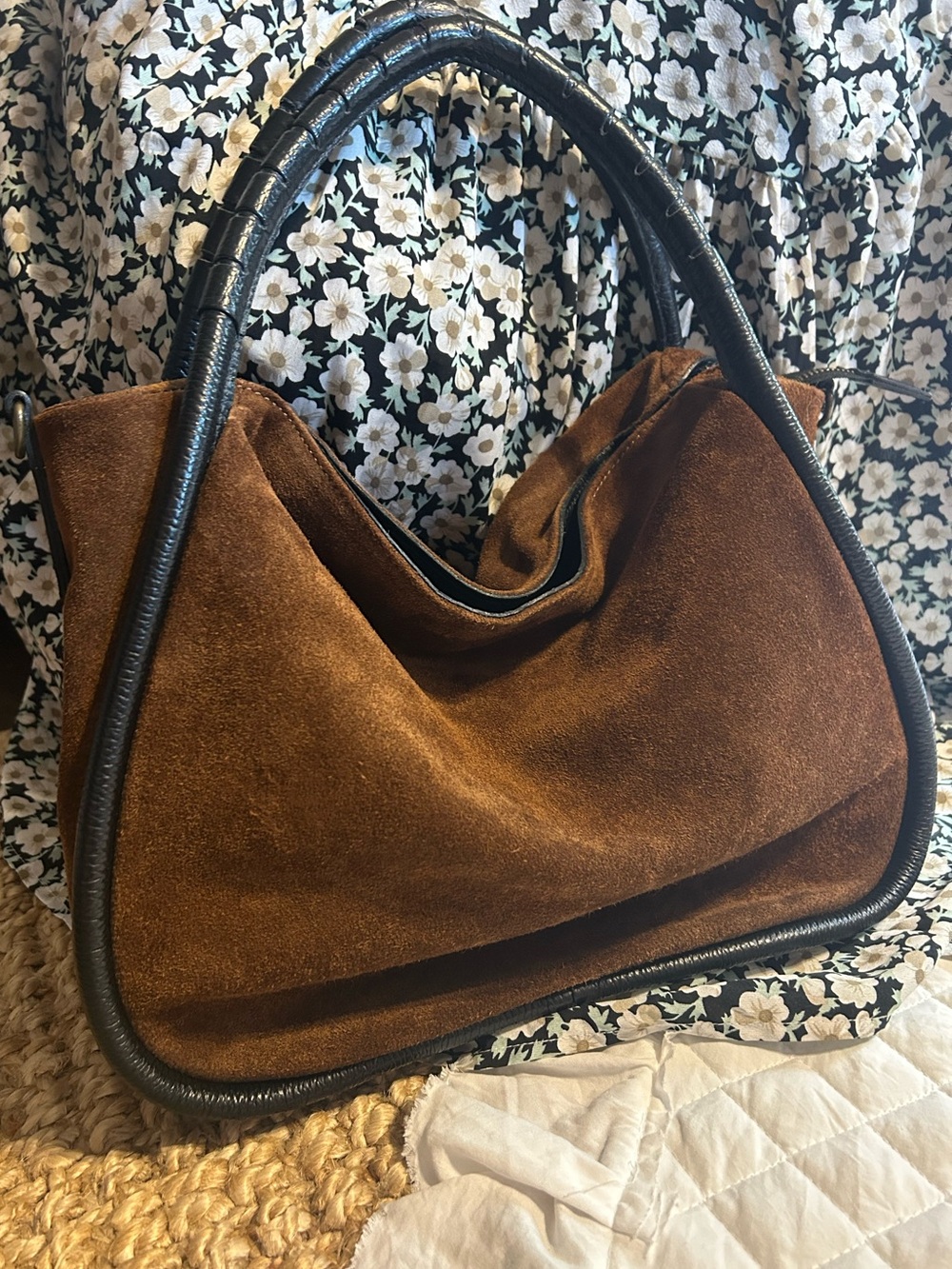 Cheval Firenze Brown Suede Shoulder Bag with Black Trim